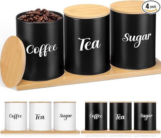 Reallnaive Coffee Tea Sugar Container Set with Tray, Set of 3 Airtight Metal Canister with Bamboo Lids, Farmhouse Kitchen Counter Organizer for Coffee Bar and Drink Station (Black)