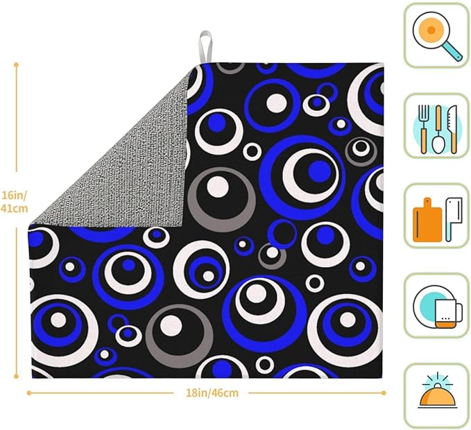 Blue Black White Geometric Circle Dish Drying Mat for Kitchen Counter, 16" x 18" Absorbent Microfiber Drying Pad for Dishes, Modern Decor Kitchen Mat, Foldable, for Sink, Dining Area, Small Appliances