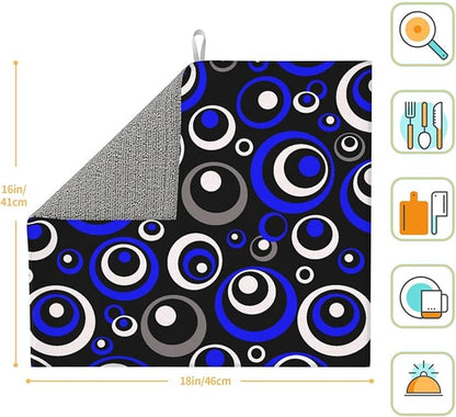 Blue Black White Geometric Circle Dish Drying Mat for Kitchen Counter, 16" x 18" Absorbent Microfiber Drying Pad for Dishes, Modern Decor Kitchen Mat, Foldable, for Sink, Dining Area, Small Appliances
