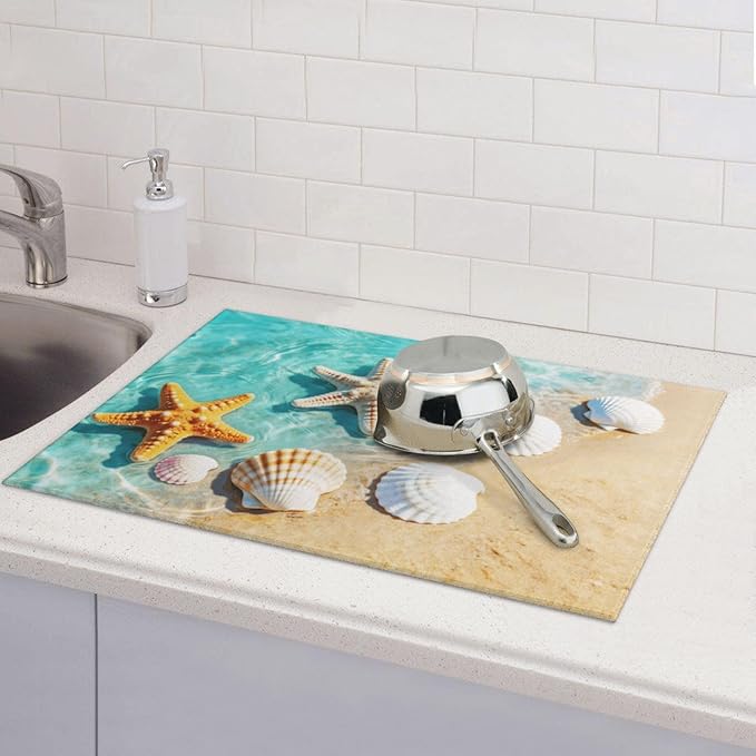 Ocean Sea Dish Drying Mat for Summer Kitchen Counter, Microfiber Absorbent Beach Dish Draining Mat Extra Large 18"x24" - Image 5