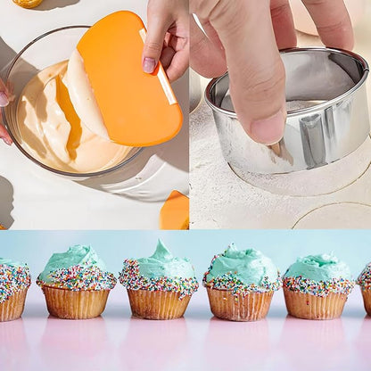 8pc Round & Circle Cookie Cutter Set with 2 Scrapers - 6 Stainless Steel Biscuit Cutters (2"-6", 1.18" Deep) - Includes 6" Bench Scraper & Silicone Bowl Scraper - Tools for Pastry, Donuts & Scones