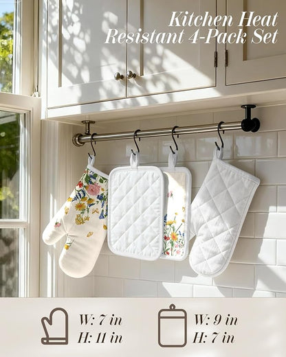Miss Adola Cotton Oven Mitts and Pot Holders Sets - Quilted Lining Heat Resistant 4 Pieces Set with Hanging Loop Cute Farmhouse Boho Spring Kitchen Decor and Accessories, Retro Flower - Image 4