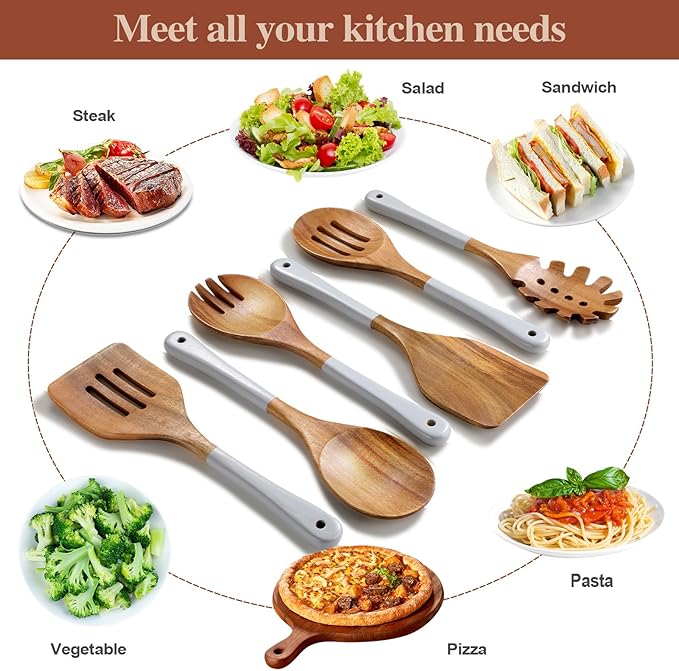 Wooden Spoons For Cooking, 6 Pieces Natural Acacia Wooden Cooking Utensils or Non-Stick Wooden Kitchen Utensil Set for Kitchen Essentials, Wood Cooking Utensils Set with Hanging Hole, Grey - Image 9