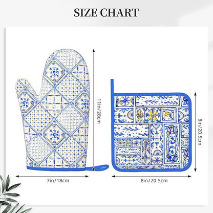 Blue Boho Geometric Silicone Oven Mitts Pan Mats Set of 2, Heat Resistant Gloves Potholder with Non-Slip Grips Hanging Loops Pot Holder, Spring Summer for Chef Cooking, Baking, Grilling, BBQ