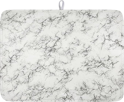 White Grey Marble Dish Drying Mat for Kitchen Counter Modern Marble Pattern Microfiber Dish Drainer Mat Absorbent Washable Drying Pad Extra Large 18"x24"
