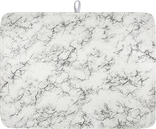 White Grey Marble Dish Drying Mat for Kitchen Counter Modern Marble Pattern Microfiber Dish Drainer Mat Absorbent Washable Drying Pad Extra Large 18"x24"