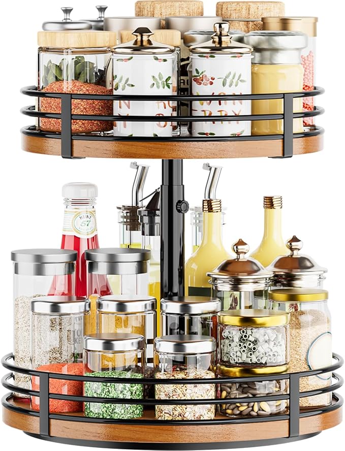 Lazy Susan Turntable Organizer Adjustable - 2 Tier Wood Rotating Spice Rack 12 Inch Lazy Susan for Kitchen Countertop Cabinet Pantry Cupboard Dining Table Bathroom Coffee Bar Home Storage by OVICAR