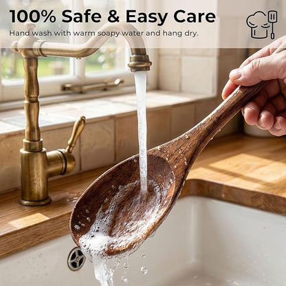 HAKSEN 2PCS Wooden Cooking Spoons, Natural Acacia Wood Kitchen Utensil, 12Inch Large Wooden Mixing Spoons for Nonstick Cookwares, Comfort Grip, Durable, Kitchen Gifts for Women, Cooking Gifts for Men - Image 6