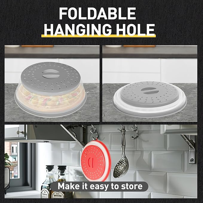 CasaCulina 2 Pack Collapsible Microwave Splatter Cover, Vented Microwave Lid with Hook Hole, Splatter Guard for Plate Dish Bowl, Vegetable Fruit Colander Multi-function Kitchen Gadget(Grey & Red) - Image 4