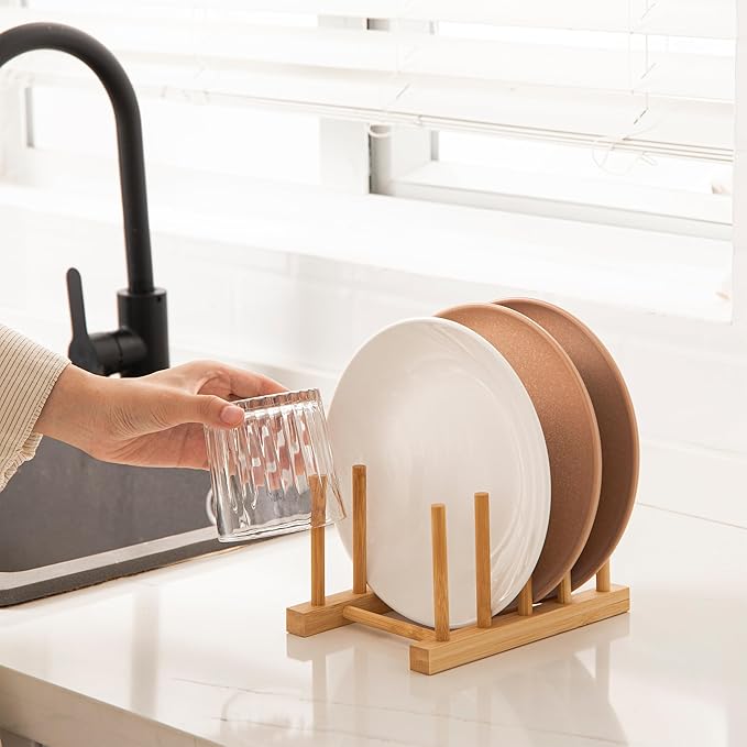 HBlife Bamboo Dish Plate Bowl Cup Book Pot Lid Cutting Board Drying Rack Stand Drainer Storage Holder Organizer Kitchen Cabinet（Keep Dry） - Image 3