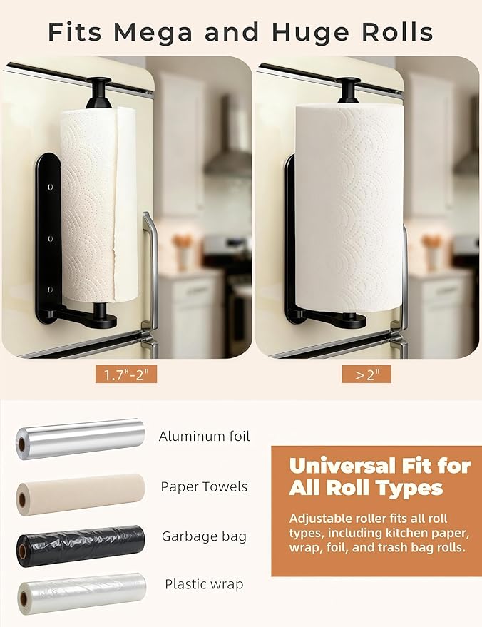 Magnetic Paper Towel Holder, One-Handed Tear Paper Towel Holder with Ratchet Mechanism, Self-Adhesive & Wall Mount, Paper Towel Holder Wall Mount for Refrigerator, Kitchen, Bathroom, Garage, Rv