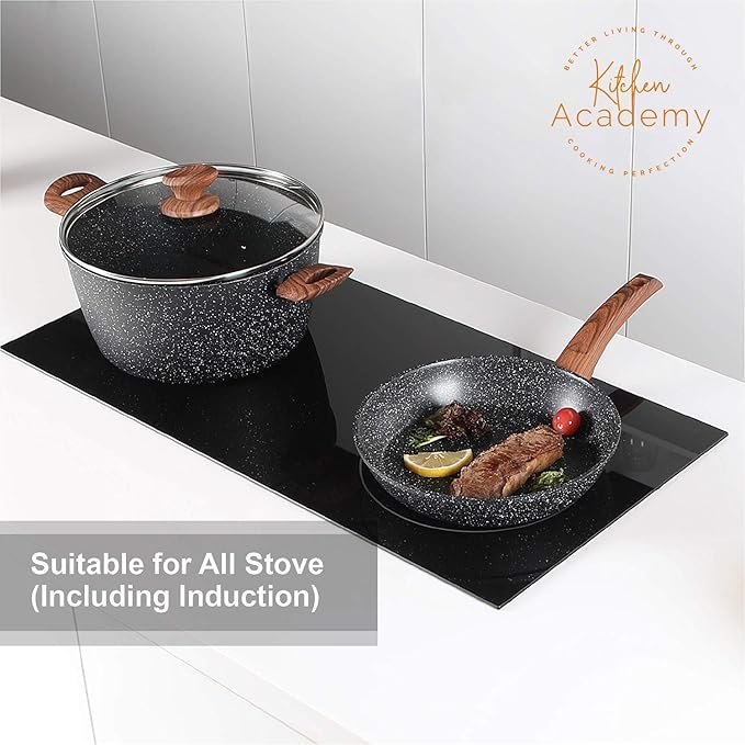 Kitchen Academy Induction Cookware Sets - 12 Piece Cooking Pan Set, Granite Black Nonstick Pots and Pans Set - Image 3