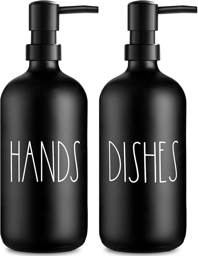 VIMERPA Hand and Dish Soap Dispenser Set, Matte Black Hands Dishes Soap Dispenser Set for Kitchen, 2 Pack Glass Soap Dispensers Set with Plastic Pump, 17 Fl Oz Refillable Liquid Soap Bottles by VIMERPA