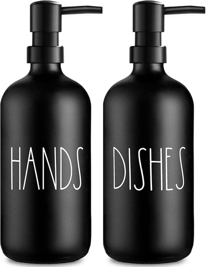 VIMERPA Hand and Dish Soap Dispenser Set, Matte Black Hands Dishes Soap Dispenser Set for Kitchen, 2 Pack Glass Soap Dispensers Set with Plastic Pump, 17 Fl Oz Refillable Liquid Soap Bottles by VIMERPA