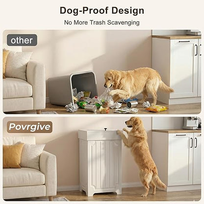 Povrgive Wood Trash Can Cabinet, 13 Gallon Hidden Kitchen Garbage Can with Lid, Farmhouse Dog Proof Trash Can, Metal Ring Included, 16" L x 13" W x 26.5" H, White - Image 3
