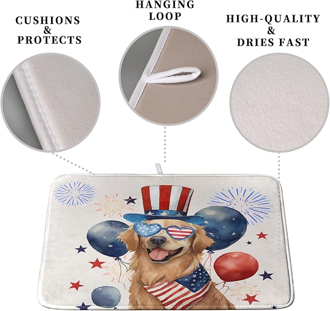 4th of July Patriotic Dog Dish Drying Mat 18 x 24 Inch US Independence Day Blue White Red Kitchen Drying Mat Firework Holiday Dish Drainer Mats Super Absorbent Dish Rack Pad for Kitchen Counter - Image 3