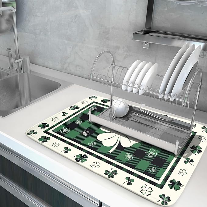 Giwawa Patrick Clovers Dish Drying Mat 18"x24" Lucky Shamrock Spring Leaf Dish Drainer Mats Green Black Buffalo Plaids Absorbent Microfiber Dish Drying Pad for Kitchen Countertop Large Decor