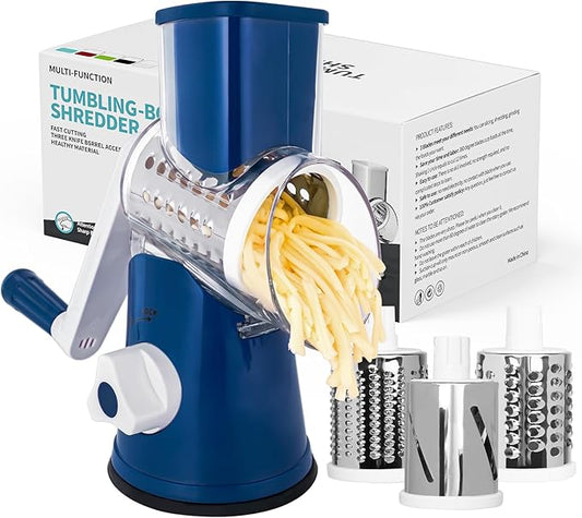 X Home Rotary Cheese Grater for Kitchen, Shredder with 3 Interchangeable Blades, Rotary Grater with Handle and Strong Suction Base, for Vegetables, Fruit, Nuts, Easy to Use and Clean, Dark Blue by XHome