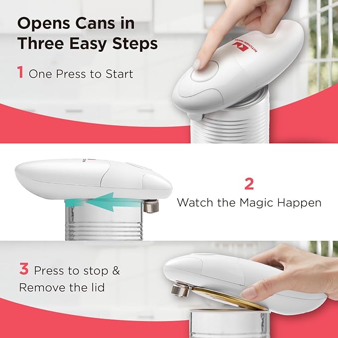 Kitchen Mama Auto Electric Can Opener: Open Your Cans with A Simple Press of Button - Automatic, Hands Free, Smooth Edge, Food-Safe, Battery Operated, YES YOU CAN (White) - Image 2