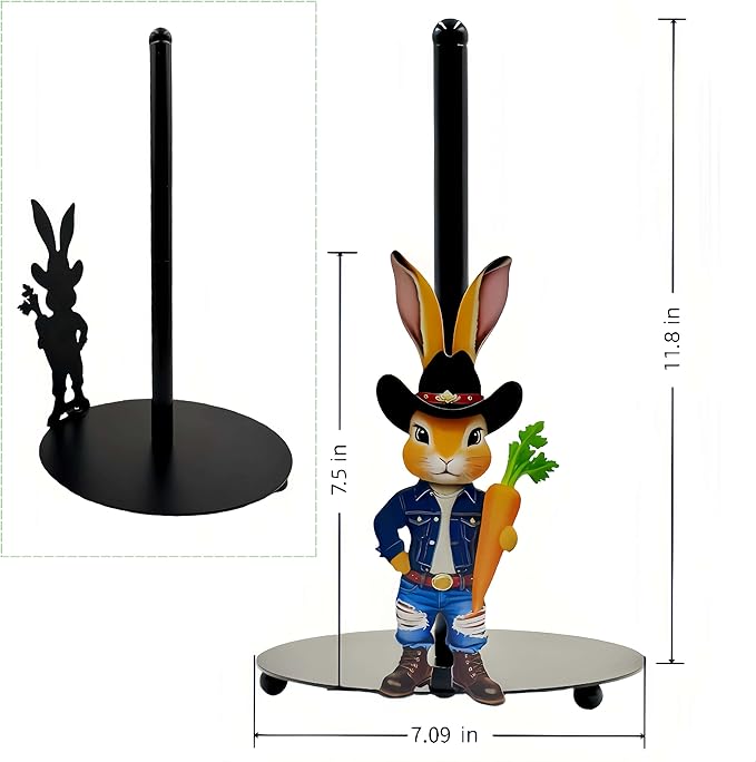 Cute Western Bunny Paper Towel Holder Countertop, Rustic Farmhouse Kitchen Decor, Funny Rabbit Paper Roll Holder, Freestanding Paper Towel Stand, Animal Decor for Kitchen and Bathroom(1 Pack)