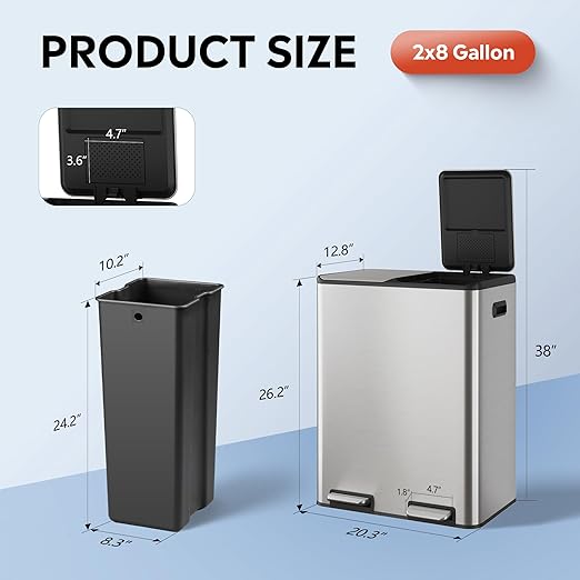 WLIVE 2 x 8 Gallon Dual Compartment Trash Can Stainless Steel, Pet-Proof Double Garbage Can Kitchen with Lid, Inner Buckets and Deodorizing Filter Box, Trash and Recycle Bin Combo, Silver
