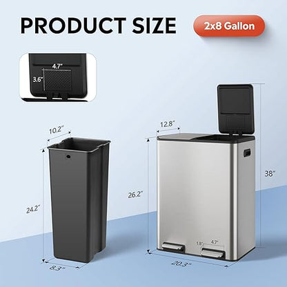 WLIVE 2 x 8 Gallon Dual Compartment Trash Can Stainless Steel, Pet-Proof Double Garbage Can Kitchen with Lid, Inner Buckets and Deodorizing Filter Box, Trash and Recycle Bin Combo, Silver