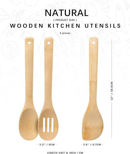 Wooden Spoons for Cooking, 3PCS Wooden Utensil Set Includes Slotted Spoon, Wooden Spoon & Wooden Spatula, Bamboo Cooking Utensils for Non-Stick Pans, Natural Bamboo Utensils - Image 2