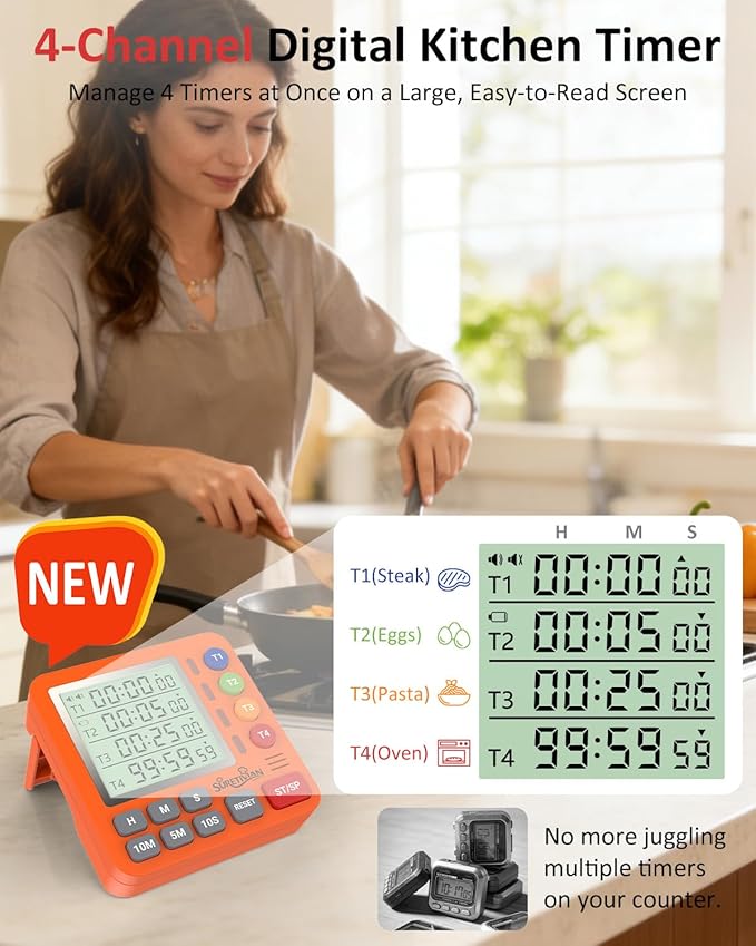 Digital Kitchen Timer for Cooking - 4 Channel Count Up Countdown Timer with Loud Alarm and Silent Mode, Large Display, Magnetic Back, Auto Memory for Classroom Study Gym, Battery Included (Orange) - Image 2