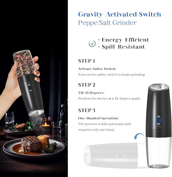 UNNEES Rechargeable Electric Salt and Pepper Grinder Set, Gravity Activated, Adjustable Coarseness, LED Light, USB Charging, Ceramic Core, 150ml Transparent Hopper, Black - Image 2