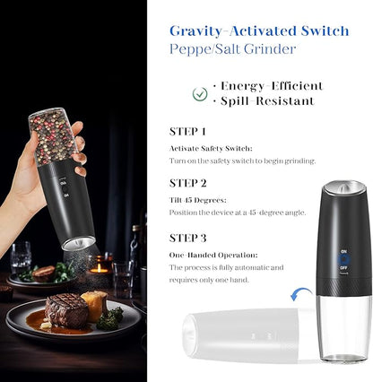 UNNEES Rechargeable Electric Salt and Pepper Grinder Set, Gravity Activated, Adjustable Coarseness, LED Light, USB Charging, Ceramic Core, 150ml Transparent Hopper, Black - Image 2