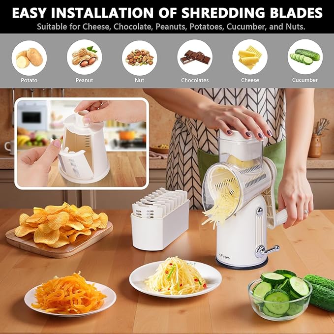 5-in-1 Rotary Cheese Grater Vegetable Slicer with Handle - Upgraded Hand Crank Cheese Grater with Handle and Strong Suction Base, Multi-Purpose Slicer with 5 Blades (White) - Image 7