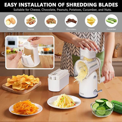 5-in-1 Rotary Cheese Grater Vegetable Slicer with Handle - Upgraded Hand Crank Cheese Grater with Handle and Strong Suction Base, Multi-Purpose Slicer with 5 Blades (White) - Image 7