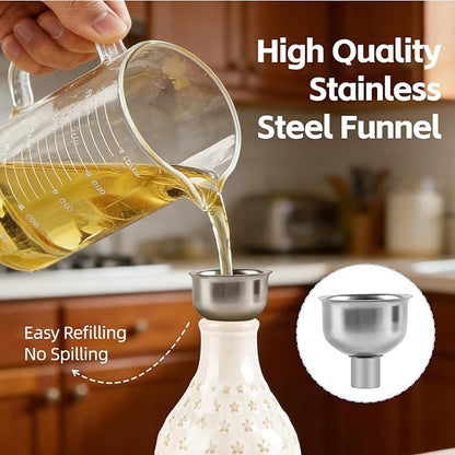 Ceramic Olive Oil Dispenser Bottle for Kitchen with Gravity Spout, 19 oz Opaque Relief Oil Cruet with Funnel, Oil Container for EVOO, Vinegar, and Soy Sauce (Petal Design)
