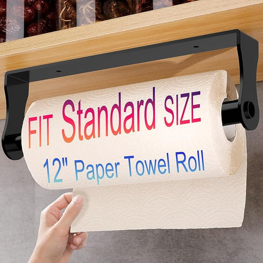 Paper Towel Holder Under Cabinet,Black Stainless Steel Under Counter Wall Mount,Paper Towel Holder,Waterproof and Rustproof Self-Adhesive Kitchen Roll Rack for Kitchen/Living Room/Bathroom