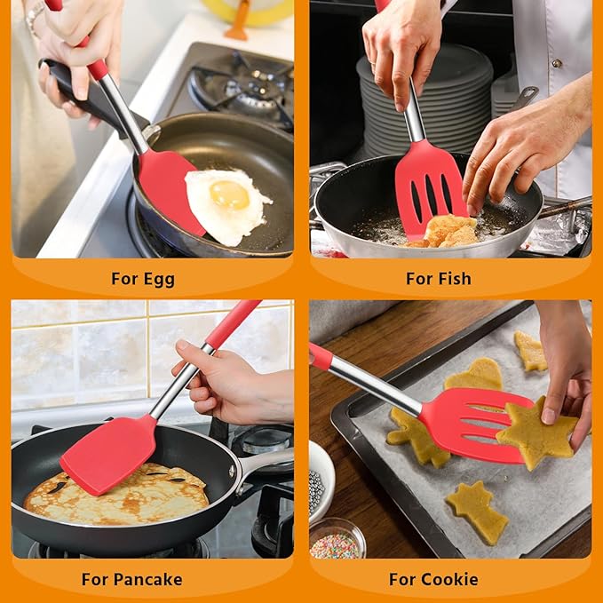 Silicone Spatula Set of 2, E-far Solid & Slotted Turner for Nonstick Cookware, Heat Resistant Rubber Kitchen Cooking Utensils for Flipping Fish Pancake Egg - Red - Image 6