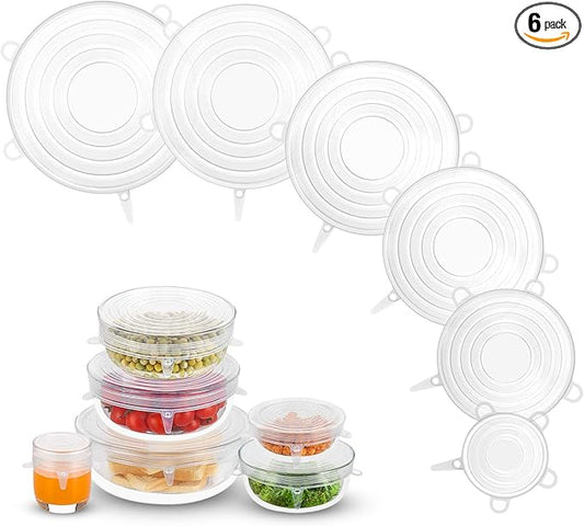 Silicone Stretch Lids, Zero Waste Reusable Silicon Container Lid Covers for Leftover Food Fruit Bowls Pots Cups Jars Dishes (6PCS, White)
