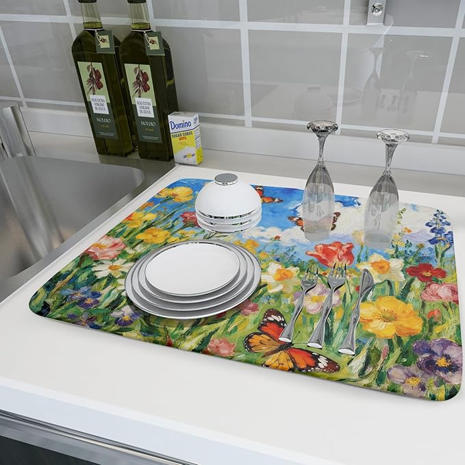 Cute Floral Dish Drying Mat for Kitchen Counter 18x24, Spring Summer Decorative Absorbent Reversible Microfiber Kitchen Countertop Protector Dishes Drainer Pad, Watercolor Flower Butterfly - Image 6