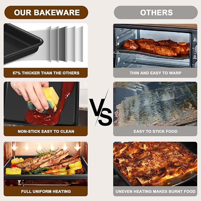 Baking Sheet Pan Set of 3, Commercial Cookie Sheets for Baking, Nonstick Half/Quarter/Jelly Roll Pans Replacement Toaster Oven Tray, Heavy Duty & Easy Clean, Dark Black - Image 4