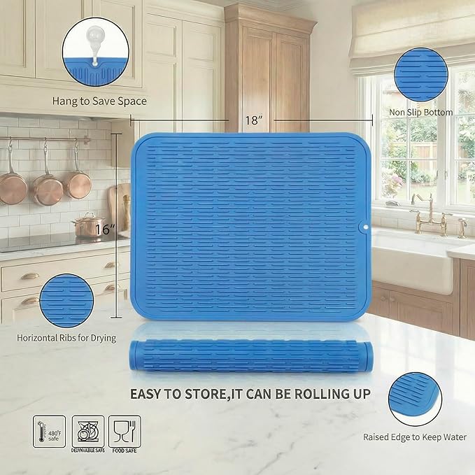 MicoYang Silicone Dish Drying Mat for Multiple Usage,Easy clean,Eco-friendly,Heat-resistant Silicone Mat for Kitchen Counter or Sink,Refrigerator or Drawer Liner Lichen BlueL XL 18 inches x 16 inches - Image 2