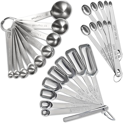 28 Pcs Stainless Steel Measuring Spoons Set with Leveler, Metal Round & Rectangular Spoons plus 2-Pack Mini Spoon Sets for Precise Cooking and Baking, Standard Sizes with Clear Engraved Markings by YUNNKEEY