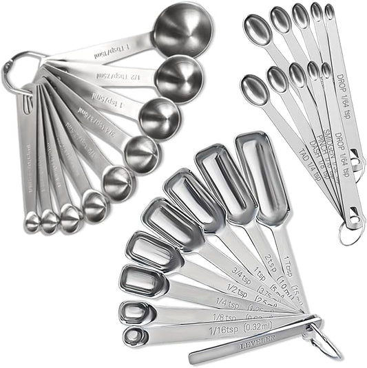 28 Pcs Stainless Steel Measuring Spoons Set with Leveler, Metal Round & Rectangular Spoons plus 2-Pack Mini Spoon Sets for Precise Cooking and Baking, Standard Sizes with Clear Engraved Markings by YUNNKEEY