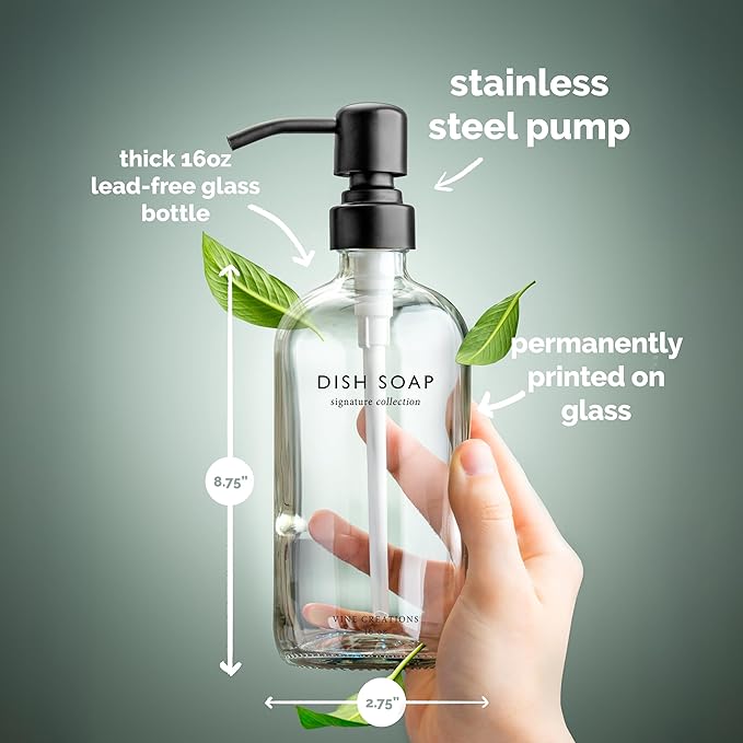 Vine Creations Clear Glass Soap Dispenser Set, Dish Soap and Hand Soap Dispenser Set with Stainless Steel Pump, 16 oz Glass Dispensers for Kitchen Bathroom Decor (Clear Bottle/Matte Black Pump) - Image 5