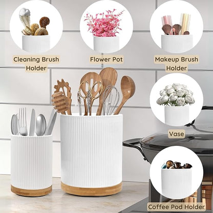 2 Pack Ceramic Utensil Holder, 7.3"+5.4" Large kitchen utensils holder for Countertop, 360° Rotating Cooking Utensil Crock for Kitchen Counter with Detachable Wooden Base, Kitchen Décor - Image 5