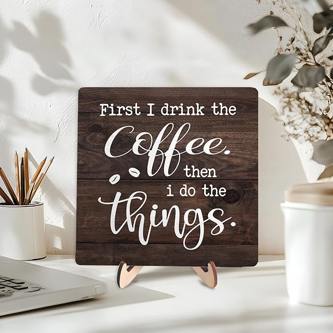 Vintage Coffee Bar Sign Plaque,Rustic Wooden Tabletop Plaque with Stand, Minimalist Farmhouse Kitchen Counter Sign for Coffee Station, Cute Mini Café Bar Decor Gift 5.9x5.9Inch - Image 3