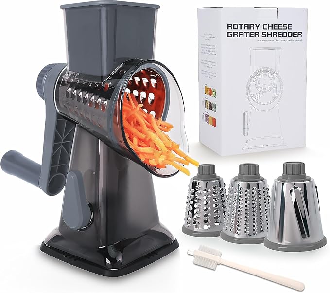 Rotary Cheese Grater with Handle-Versatile Cheese Grater Non-Slip Suction Base,Cheese Shredder & Food Slicer for Cheese,Carrots, Cucumbers,Nuts-Compact & Easy Clean Kitchen Kitchen Tool (Gray)