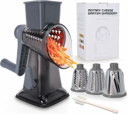 Rotary Cheese Grater with Handle-Versatile Cheese Grater Non-Slip Suction Base,Cheese Shredder & Food Slicer for Cheese,Carrots, Cucumbers,Nuts-Compact & Easy Clean Kitchen Kitchen Tool (Gray)