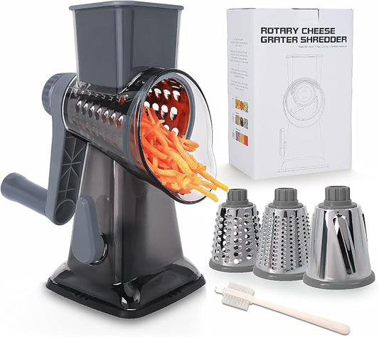 Rotary Cheese Grater with Handle-Versatile Cheese Grater Non-Slip Suction Base,Cheese Shredder & Food Slicer for Cheese,Carrots, Cucumbers,Nuts-Compact & Easy Clean Kitchen Kitchen Tool (Gray)