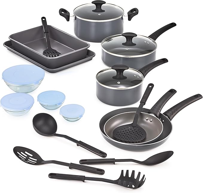 bella Cookware Set with Glass Lids with Nonstick, PFOA Free and Scratch Resistant Surface, Aluminum Bakeware, Pots and Pans, Storage Bowls & Utensils, Compatible with All Stovetops, 21 Piece, Gray by bella