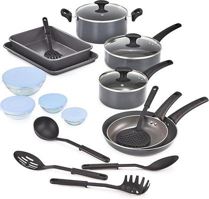 bella Cookware Set with Glass Lids with Nonstick, PFOA Free and Scratch Resistant Surface, Aluminum Bakeware, Pots and Pans, Storage Bowls & Utensils, Compatible with All Stovetops, 21 Piece, Gray by bella