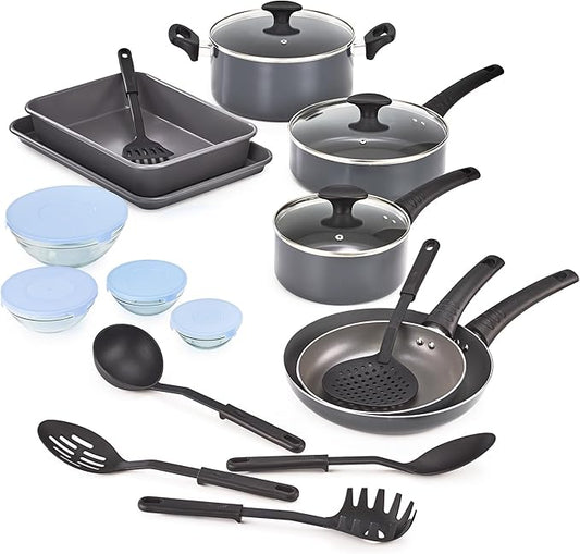 bella Cookware Set with Glass Lids with Nonstick, PFOA Free and Scratch Resistant Surface, Aluminum Bakeware, Pots and Pans, Storage Bowls & Utensils, Compatible with All Stovetops, 21 Piece, Gray by bella